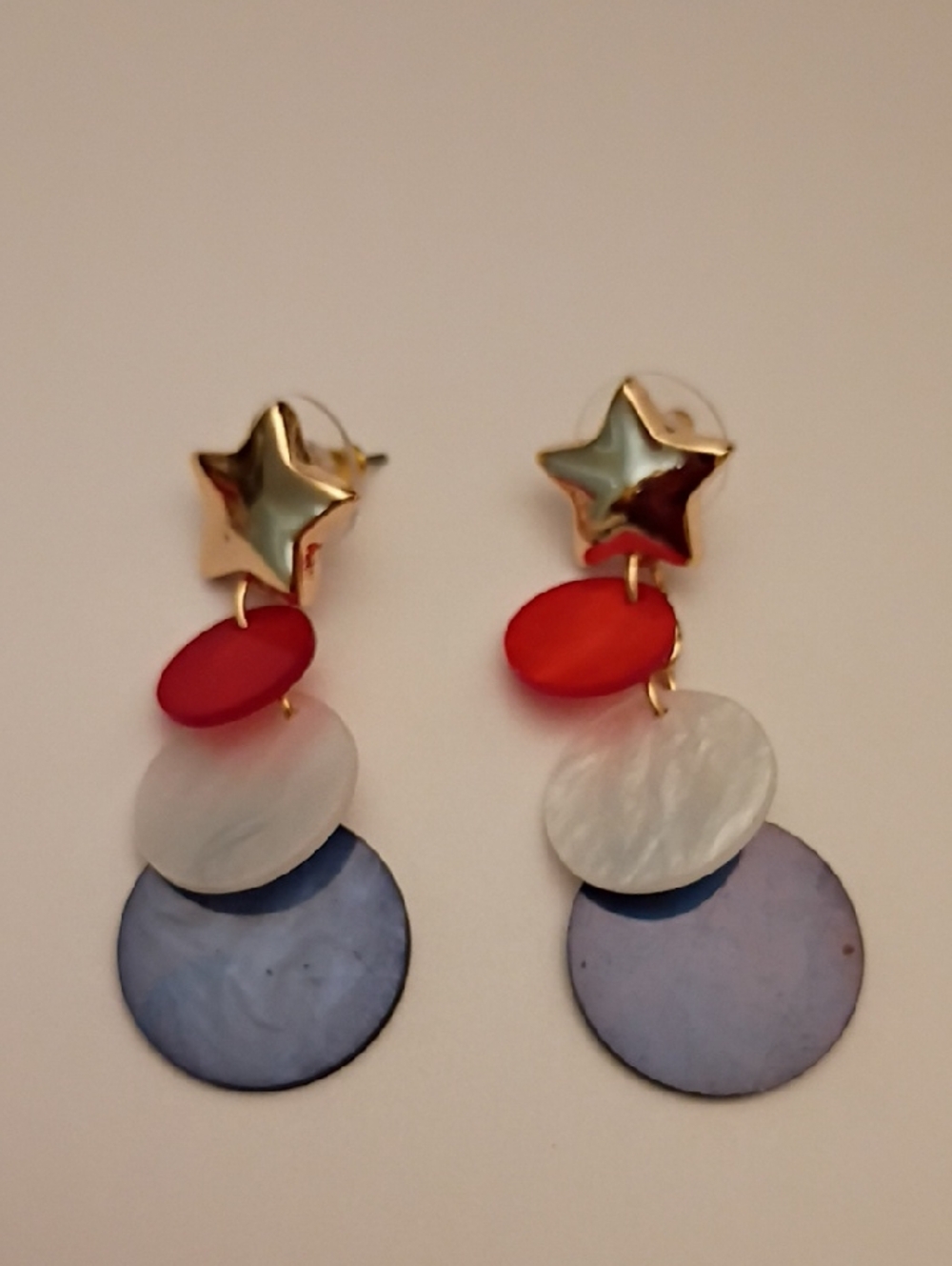 Gold Star Drop Earrings with Red, White and Blue Discs